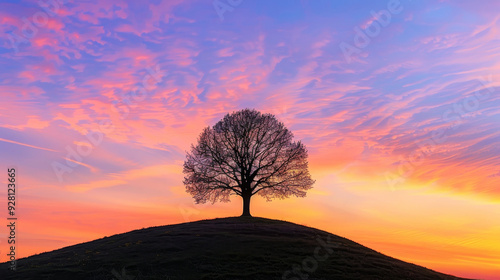 A solitary tree stands on a hill against a vibrant sunset, creating a serene landscape with stunning colors in the sky.