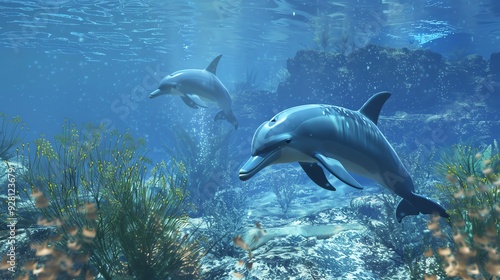 Two dolphins swim in a coral reef.