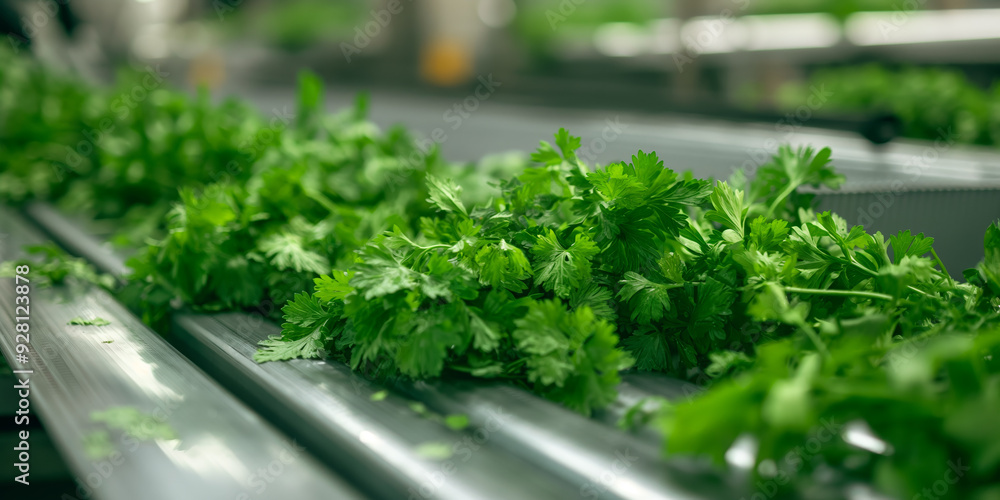 Fresh Parsley on Conveyor Belt in Modern Food Processing Facility Fresh Parsley on Conveyor Belt in Modern Food Processing Facility