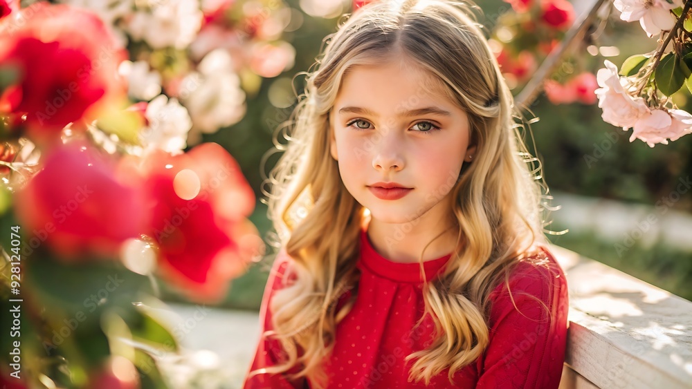 Portrait of a beautiful young girl with blonde hair in a red dress. Portrait of a beautiful young girl with blonde hair in a red dress.