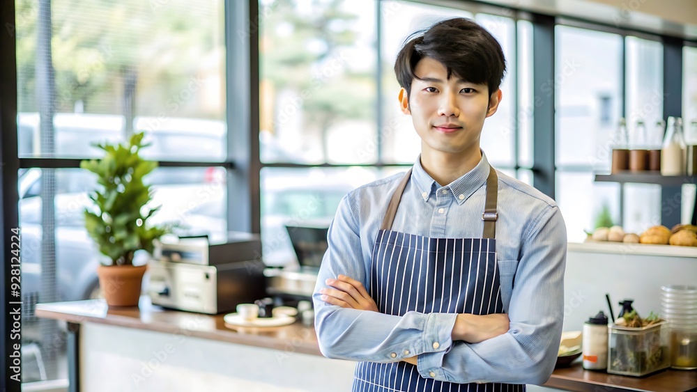 Confident Barista in Blue Shirt and Striped Apron.
