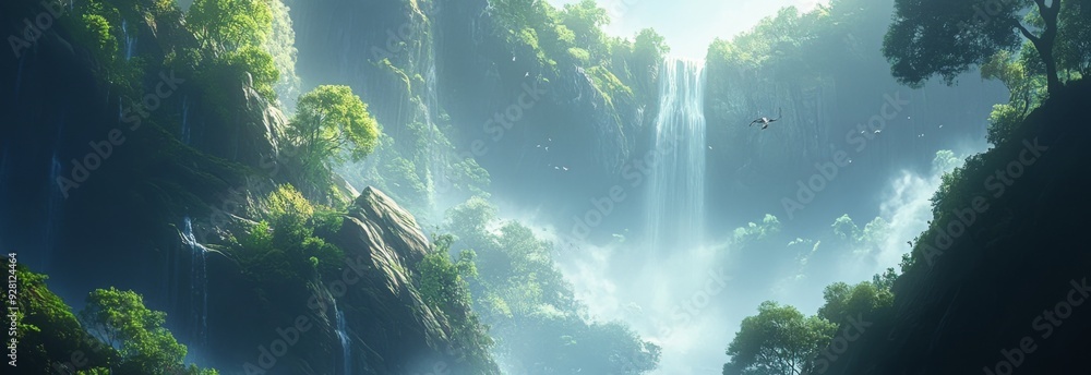 Obraz premium Anime-Style Enchanted Foggy Falls and Canyons: A Dreamy Morning in the Mist-Entwined Gorge, Ideal for Nature Documentaries, Hiking Trails, and Mystical Art in 4K，New Year and Spring Festival promotio