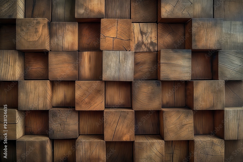 Rustic wooden cube wall texture featuring deep, natural grain and varied shades of brown. Perfect for vintage decor, backgrounds, and architectural design elements. Rustic wooden cube wall texture featuring deep, natural grain and varied shades of brown. Perfect for vintage decor, backgrounds, and architectural design elements.