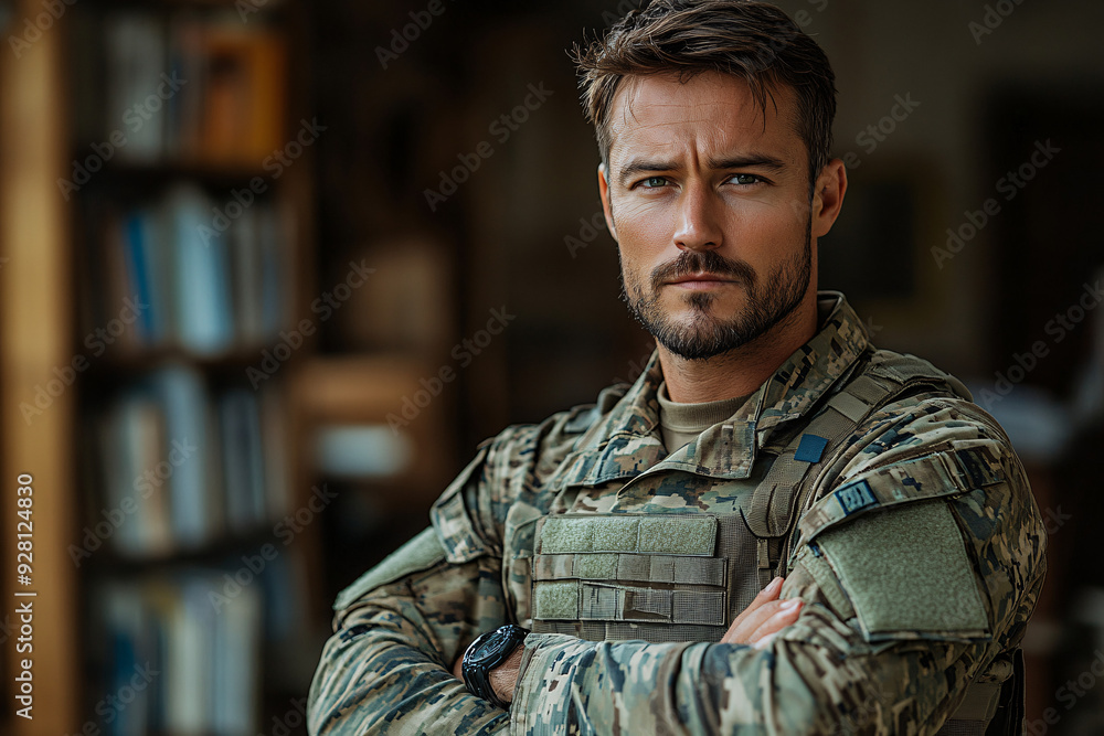 A confident man in a military uniform stands with his arms crossed, portraying discipline and authority. A confident man in a military uniform stands with his arms crossed, portraying discipline and authority.