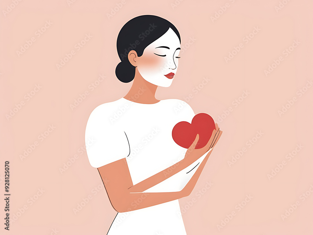 Illustration of a Woman Holding a Heart, Symbolizing Self-Love and Emotional Healing, with a Minimalist Design, love concept Illustration of a Woman Holding a Heart, Symbolizing Self-Love and Emotional Healing, with a Minimalist Design, love concept