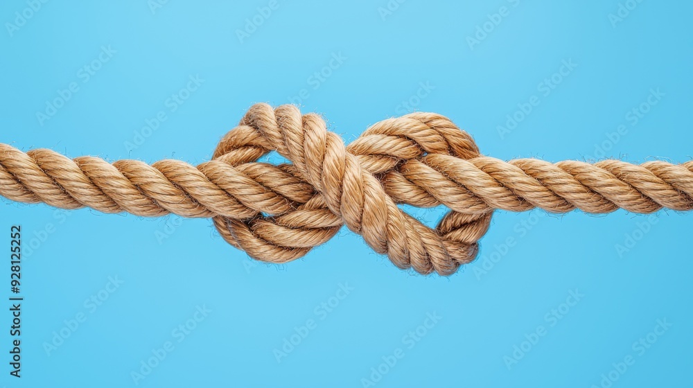 Close-up of knotted brown rope against a solid sky blue background in bright lighting Close-up of knotted brown rope against a solid sky blue background in bright lighting