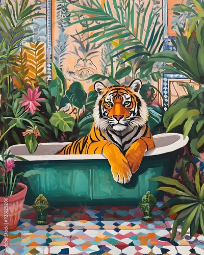 Bright and Fun Tiger Painting in a Bathtub with Tropical Plants