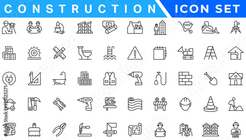 construction simple line isolated icon collection. Editable Stroke. Repair, Renovation, Work Tools, Materials