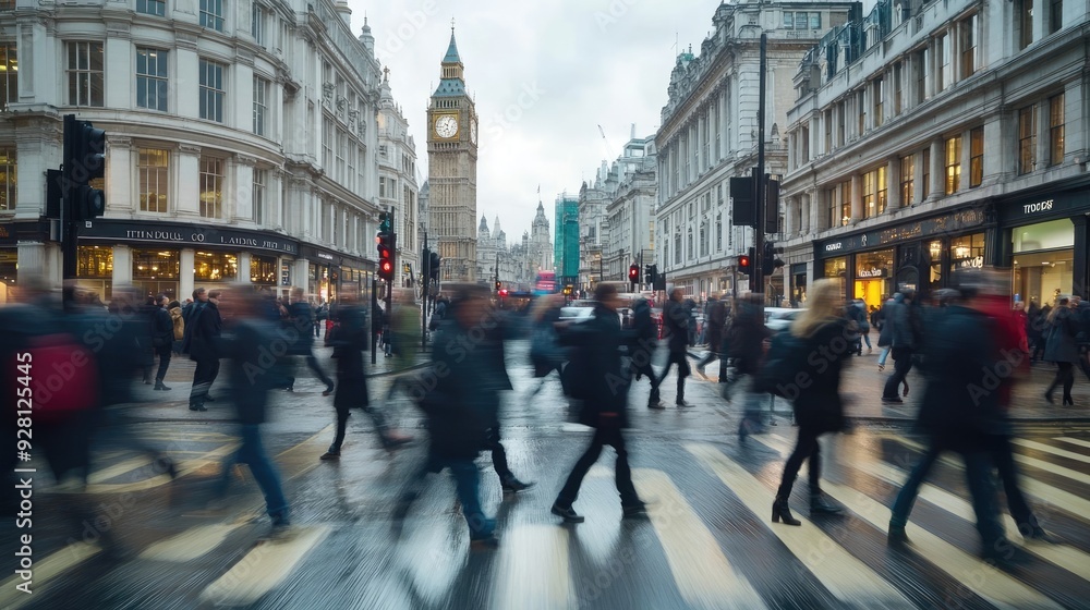 Panoramic Shot of People Walking in the City of London, Blurred for Dynamic Effect Panoramic Shot of People Walking in the City of London, Blurred for Dynamic Effect