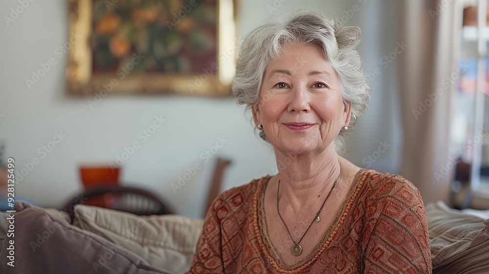 Close-up portrait of a smiling senior woman wearing a necklace and earrings, sitting on a couch. Close-up portrait of a smiling senior woman wearing a necklace and earrings, sitting on a couch.