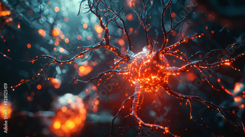 Intricate Neuron Network Captured in Shimmering Red Against Blue Background