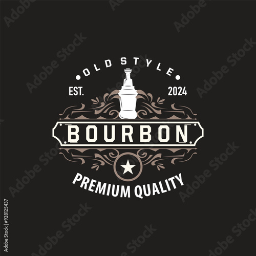 Whiskey Logo, Drink Label Design With Old Retro Vintage Ornament Illustration Premium Template
