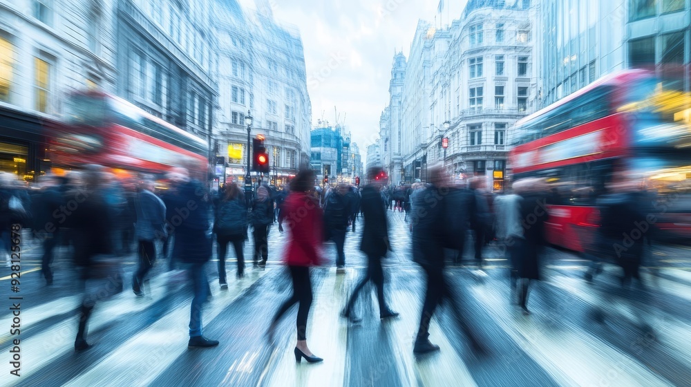 Obraz premium Panoramic Shot of People Walking in the City of London, Blurred for Dynamic Effect