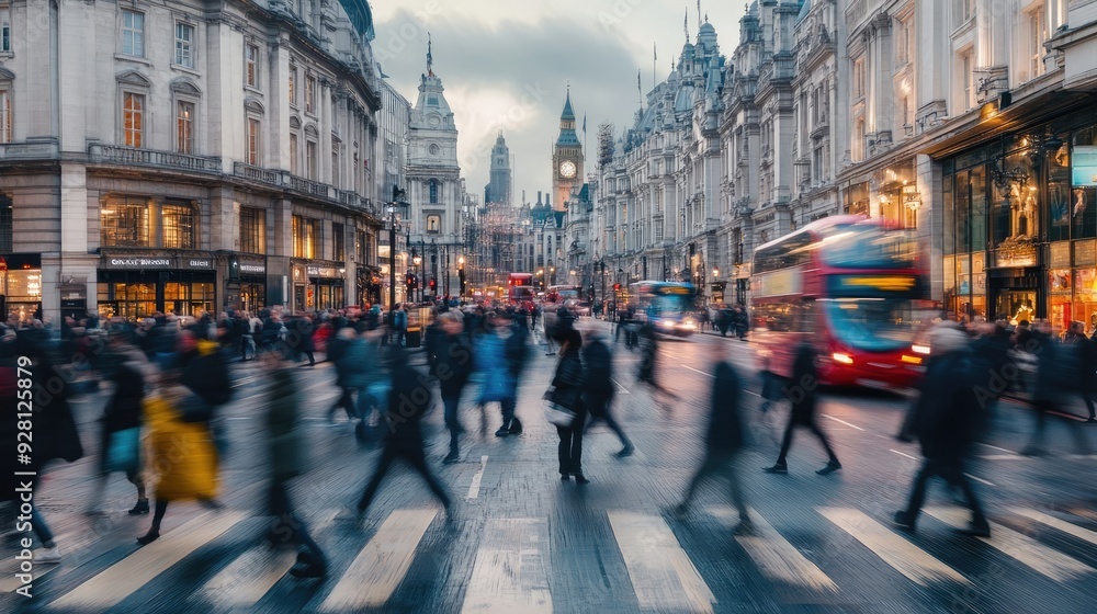 Panoramic Shot of People Walking in the City of London, Blurred for Dynamic Effect Panoramic Shot of People Walking in the City of London, Blurred for Dynamic Effect