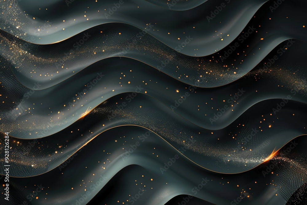 Obraz premium Abstract black and gold wavy background with glowing particles.