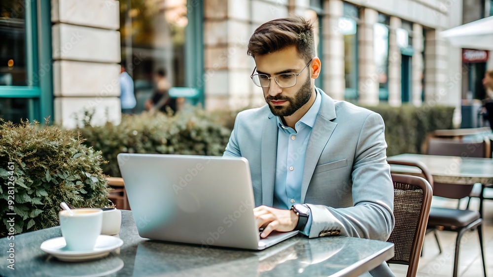 Businessman working on laptop in cafe. Businessman working on laptop in cafe.
