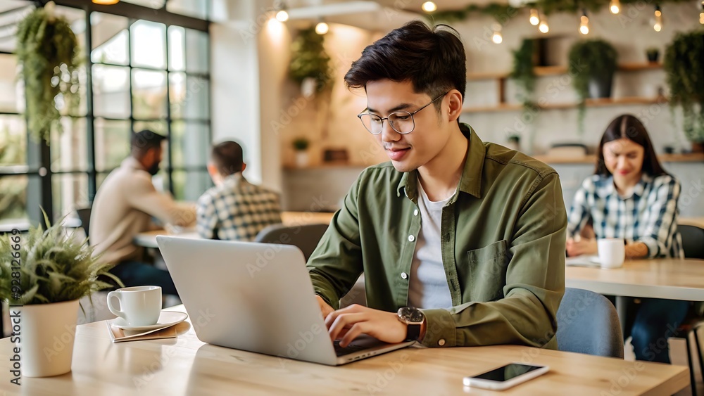 Young Asian man working on laptop in a cafe. Young Asian man working on laptop in a cafe.