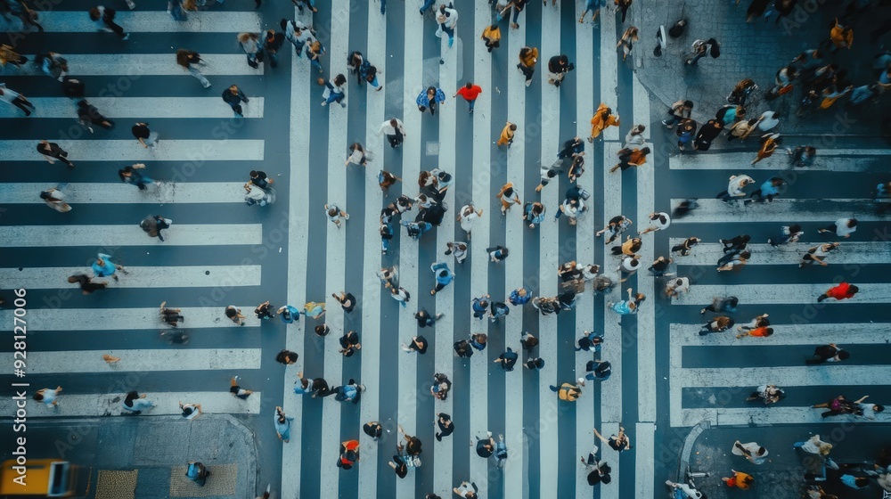 Aerial Perspective of People on a Pedestrian Crosswalk in a Busy City Aerial Perspective of People on a Pedestrian Crosswalk in a Busy City