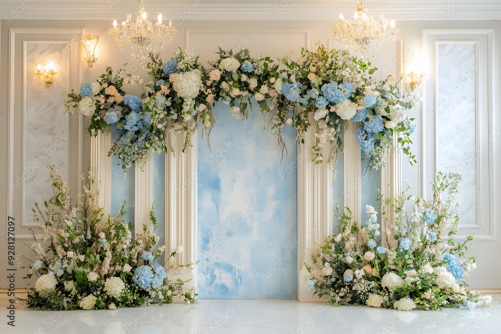 Blue and Floral Wedding Backdrop with Natural Light. Blue and Floral Wedding Backdrop with Natural Light.
