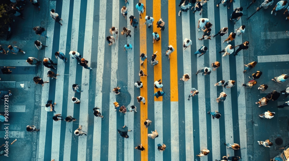 Obraz premium Aerial Perspective of People on a Pedestrian Crosswalk in a Busy City