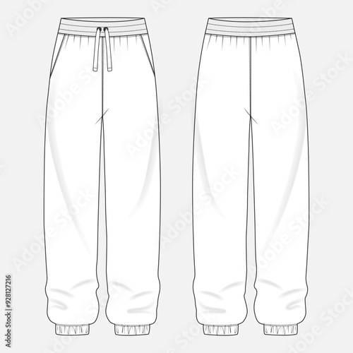 Jogger sweatpants technical drawing fashion flat sketch vector illustration template for ladies. Apparel leggings mock up cad