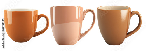 Set of ceramic coffee mugs in various colors isolated on transparent background photo