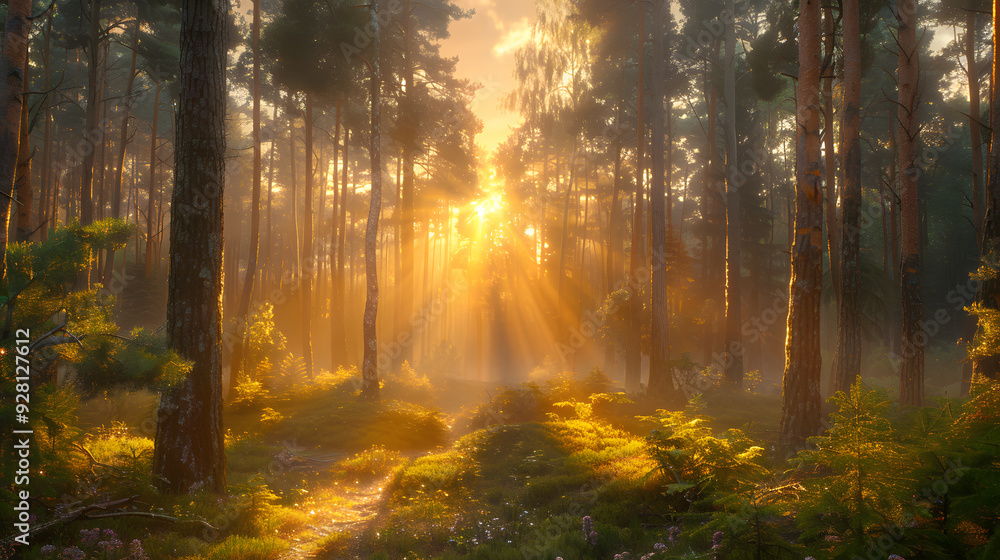 Obraz premium Forest and field background at sunset