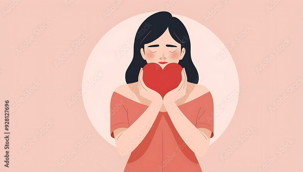 Illustration of a Woman Holding a Heart, Symbolizing Self-Love and Emotional Healing, with a Minimalist Design and Ample Copy Space Illustration of a Woman Holding a Heart, Symbolizing Self-Love and Emotional Healing, with a Minimalist Design and Ample Copy Space