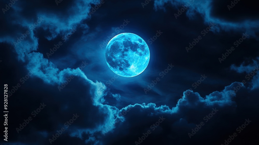 Mystical Full Moon Surrounded by Clouds in the Night Sky with Blue Glow Mystical Full Moon Surrounded by Clouds in the Night Sky with Blue Glow