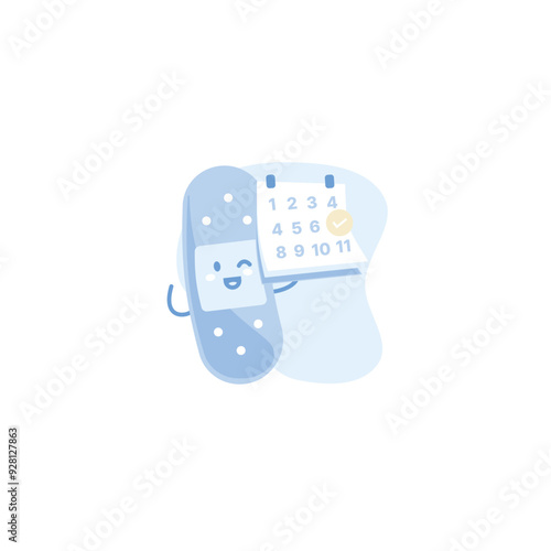 Charming vector illustration of a cute, personified bandage character interacting with a calendar. Perfect for healthcare campaigns, wellness blogs, or any project celebrating resilience.