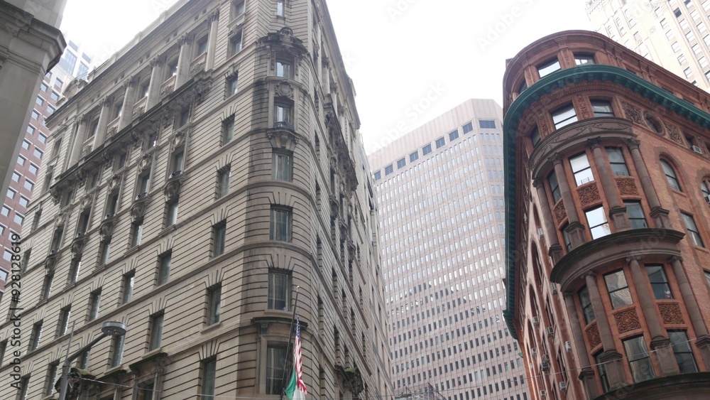 Fototapeta premium New York City Lower Manhattan, Downtown Financial District architecture, United States. Restaurant building, William street, Beaver street corner, USA. American urban street, red brick house.