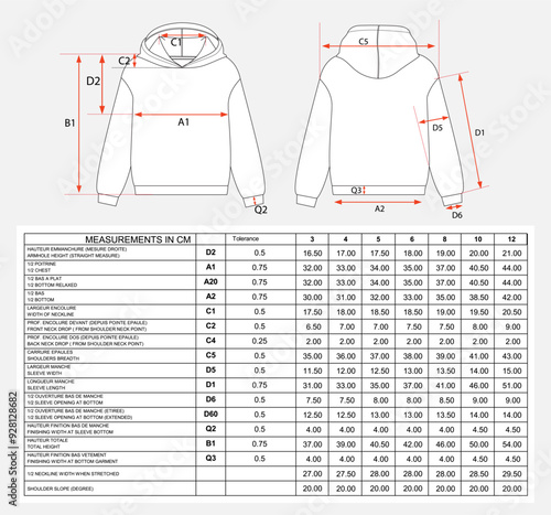 Long sleeve hoodie with measurements chart details vector illustration  