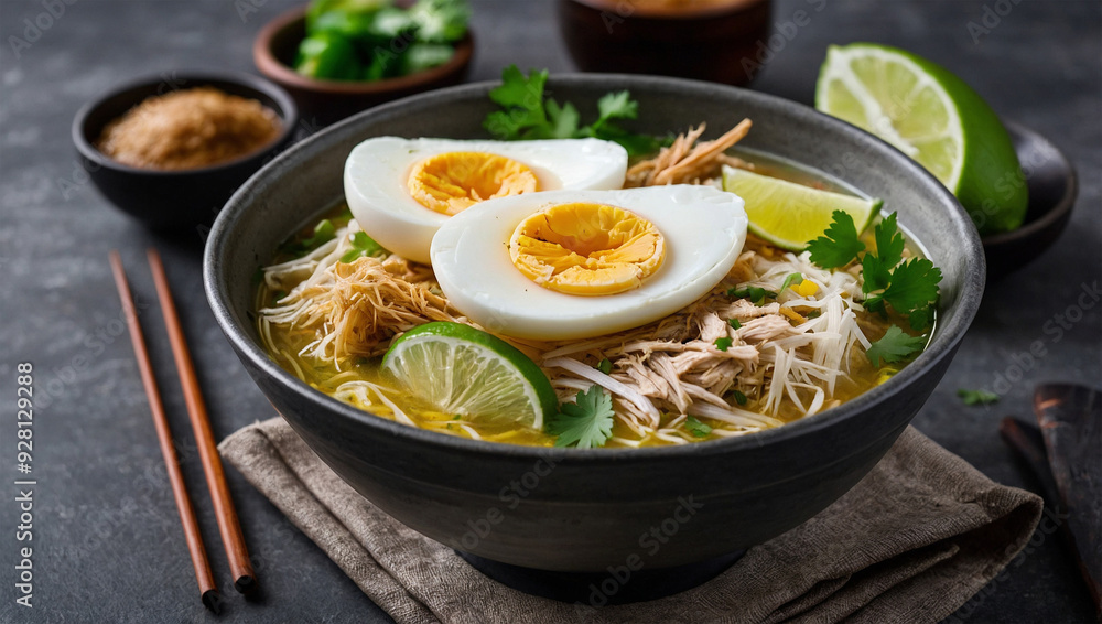 Halal soto ayam with shredded chicken, boiled eggs, and vermicelli in a flavorful broth, garnished with lime and herbs. Halal soto ayam with shredded chicken, boiled eggs, and vermicelli in a flavorful broth, garnished with lime and herbs.
