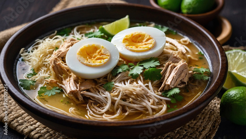 Halal soto ayam with shredded chicken, boiled eggs, and vermicelli in a flavorful broth, garnished with lime and herbs. photo