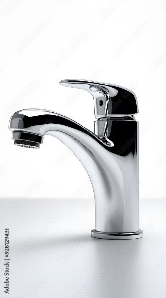 a shiny, modern water tap with a single drop. a shiny, modern water tap with a single drop.