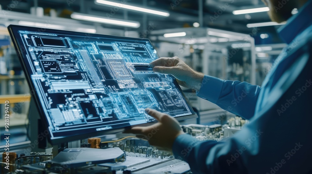 Engineer Reviews Motherboard Against Digital Twin 3D Model on Computer in High-Tech Factory Engineer Reviews Motherboard Against Digital Twin 3D Model on Computer in High-Tech Factory