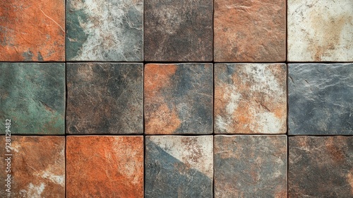 A close-up shot of a wall made of rustic stone tiles. The tiles are arranged in a grid pattern and are made of natural materials. The textures of the tiles are rustic and rugged, with a natural, uneve photo