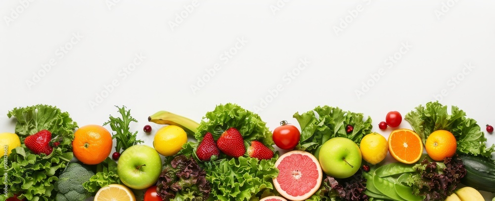 Fresh Fruits and Vegetables Arrangement on White Background Fresh Fruits and Vegetables Arrangement on White Background