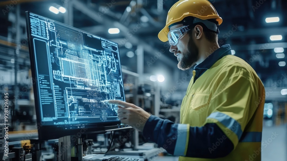 Engineer Reviews Motherboard Against Digital Twin 3D Model on Computer in High-Tech Factory Engineer Reviews Motherboard Against Digital Twin 3D Model on Computer in High-Tech Factory