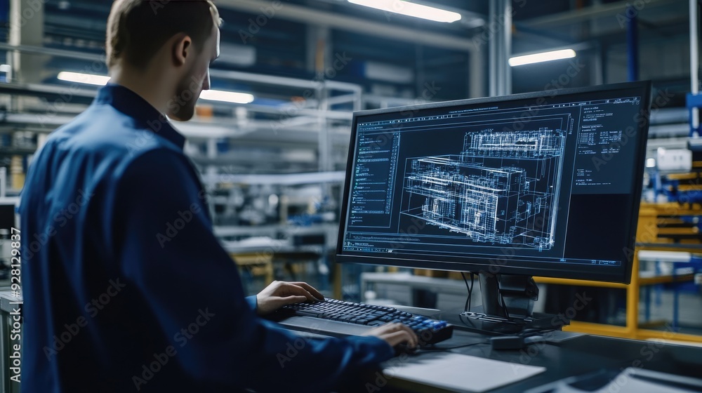 Engineer Reviews Motherboard Against Digital Twin 3D Model on Computer in High-Tech Factory Engineer Reviews Motherboard Against Digital Twin 3D Model on Computer in High-Tech Factory