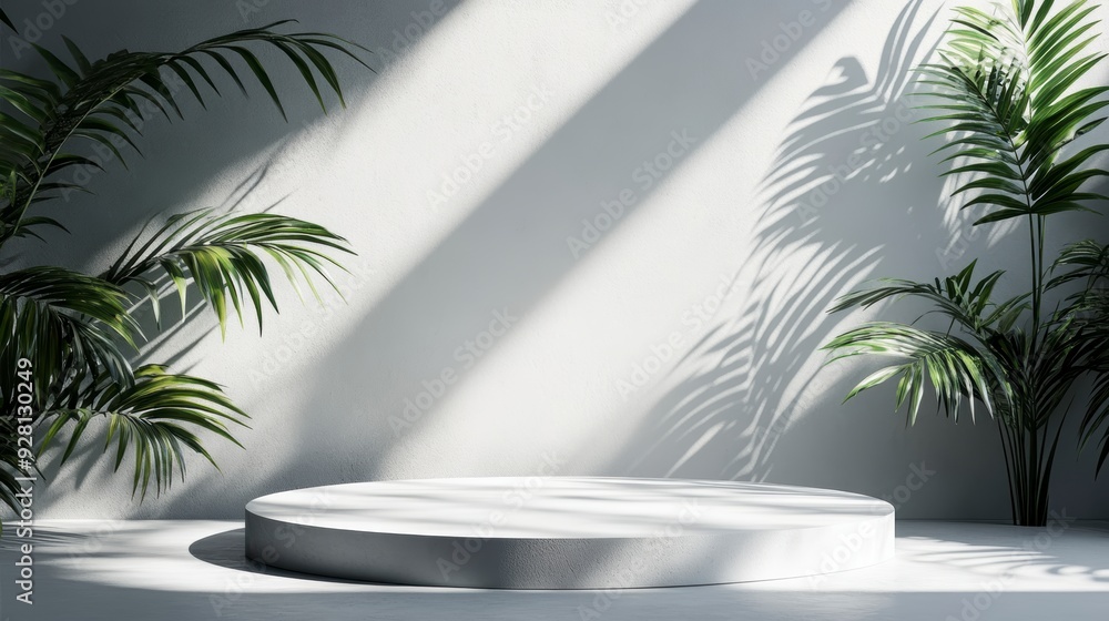 A white round podium with tropical plants and rays of light. The layout for the product presentation A white round podium with tropical plants and rays of light. The layout for the product presentation