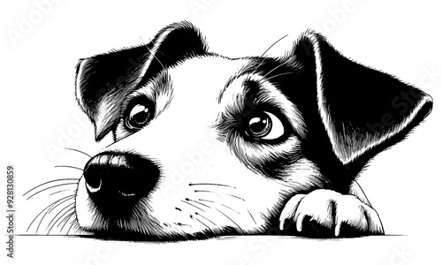 Hand drawn cute peeking Jack Russell, vector sketch isolated on transparent background.	