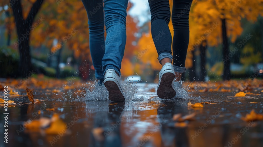 Couple Walking in Rainy Autumn Park Couple Walking in Rainy Autumn Park
