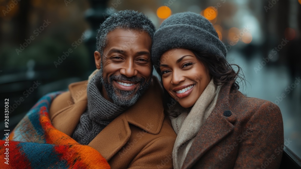 Smiling Couple Wrapped in Blanket on Park Bench Smiling Couple Wrapped in Blanket on Park Bench