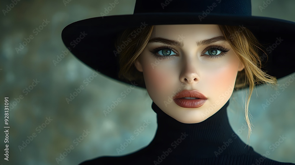 Elegant Woman in Black with Stylish Hat and Dress.
Elegant Woman in Black with Stylish Hat and Dress.