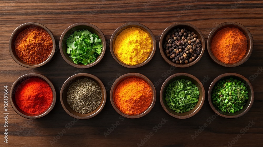 Spice Fiesta - Colorful Vibrant Spices Arranged Neatly in Small Bowls on Dark Wooden Surface for Culinary Art Inspiration Spice Fiesta - Colorful Vibrant Spices Arranged Neatly in Small Bowls on Dark Wooden Surface for Culinary Art Inspiration