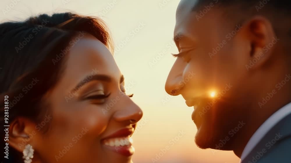 Happy couple laughing and sharing a moment of joy at sunset, radiating love and happiness in a warm, magical glow Happy couple laughing and sharing a moment of joy at sunset, radiating love and happiness in a warm, magical glow