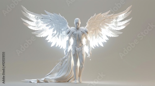 A 3D render of a white angel with large wings. photo