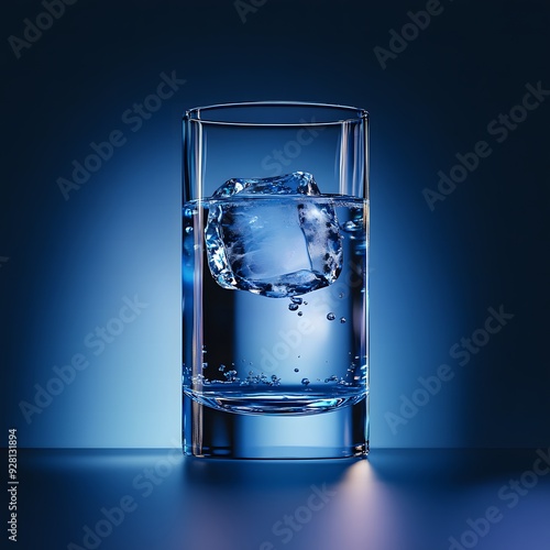  A tall, clear water glass with ice and soft light on a blue background.