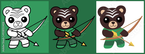 Bear Archer cartoon character set outline coloring flat vector illustration
